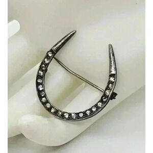 Antique Victorian Lucky Horseshoe Brooch Sterling Silver Good Luck Rhinestones